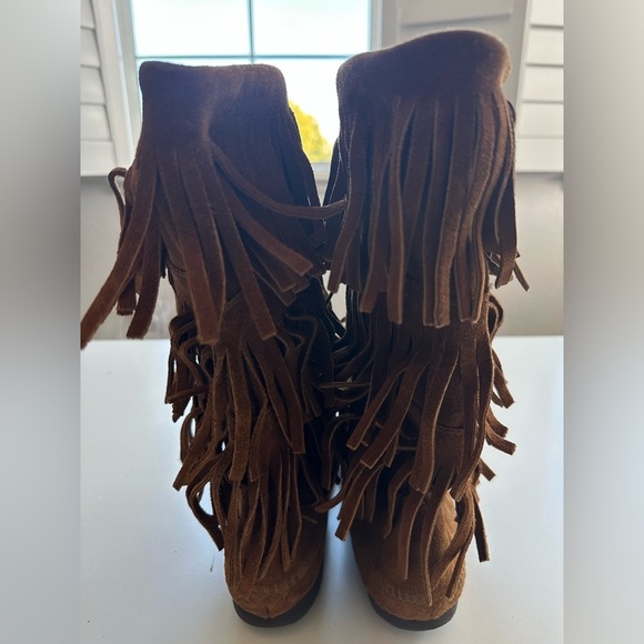 Minnetonka 3 layer fringe Bohemian Boho Leather Suede Boots Size 10 - Picture 5 of 11